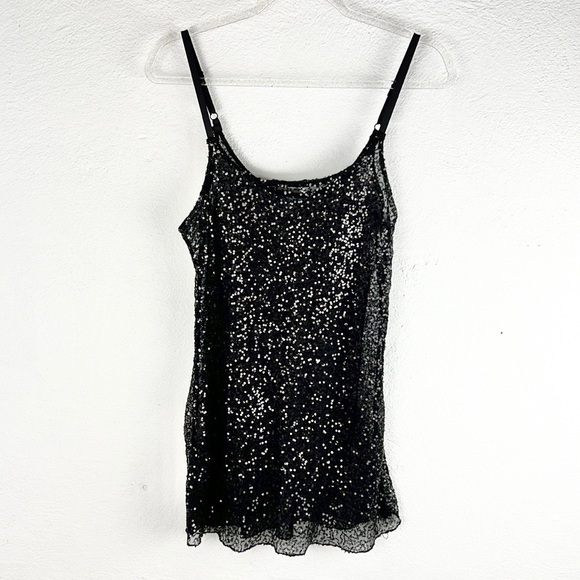 H.I.P. |🖤 Black Sparkly Sequins Sheer Long Spaghetti Strap Tank Top - Picture 4 of 12